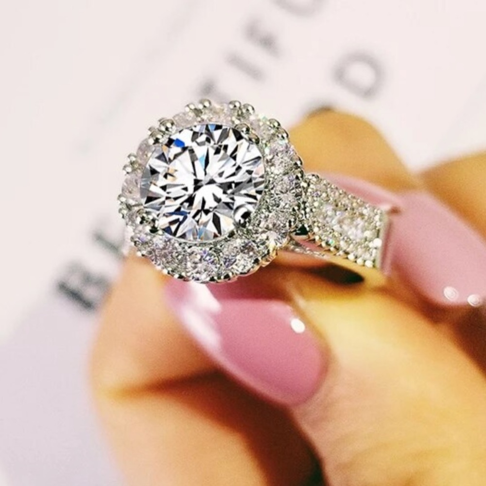 Sterling Silver halo round engagement ring - Picture 1 of 3